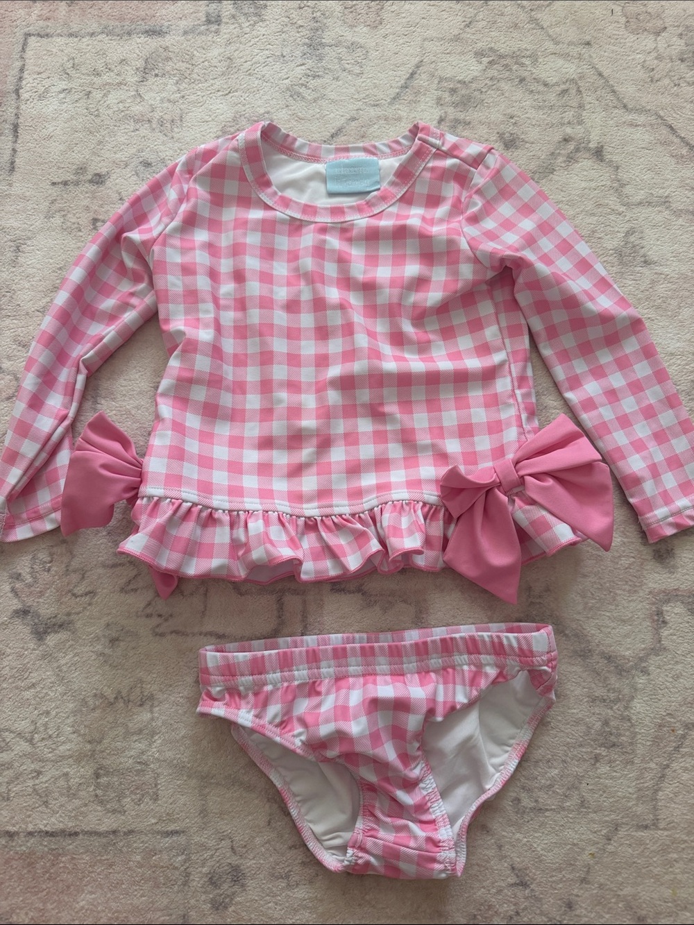 Pink Gingham Long-Sleeve Rashguard Swim Set with Bows